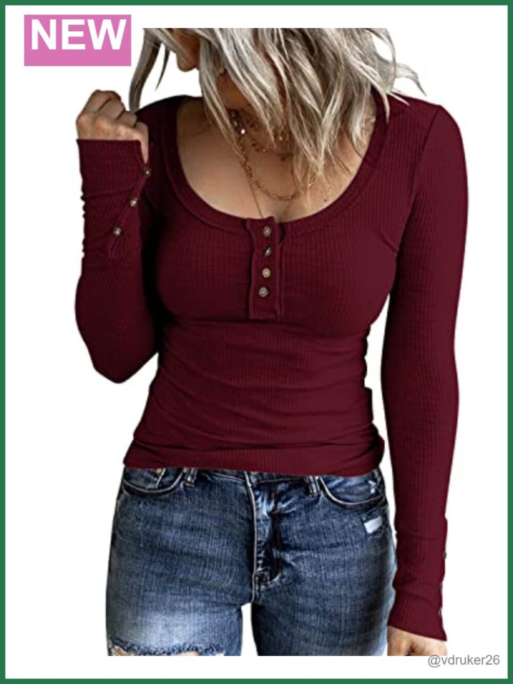 Women Long Sleeve Henley Shirt Scoop Neck Ribbed Knit Tunic Top